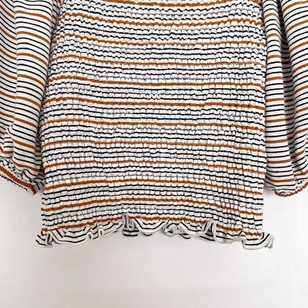 Loft Smocked Top Square Neck Puff Short Sleeves Ruffle Trim Size XS White Multi